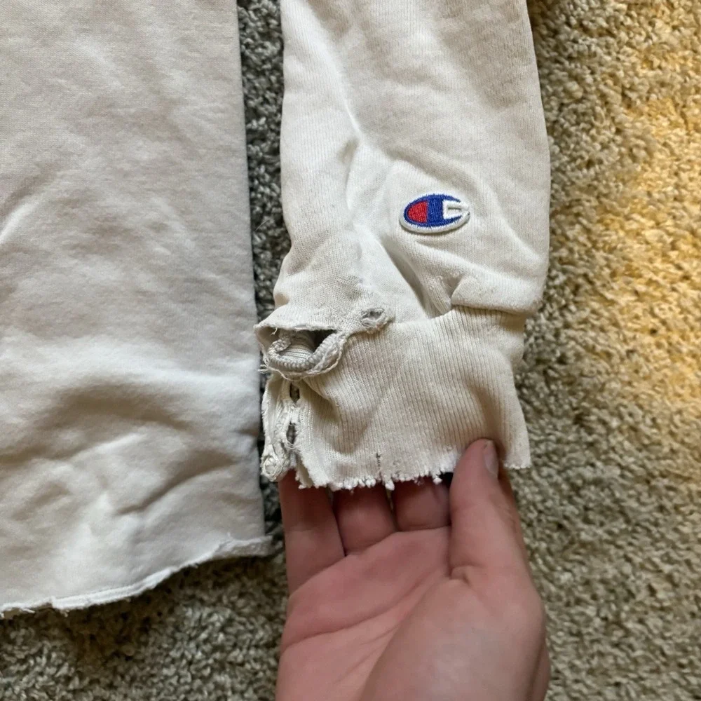 Vintage Y2K Champion Miami Cropped Distressed Crewneck‎ Men's Large Boxy Cream - Picture 5 of 9